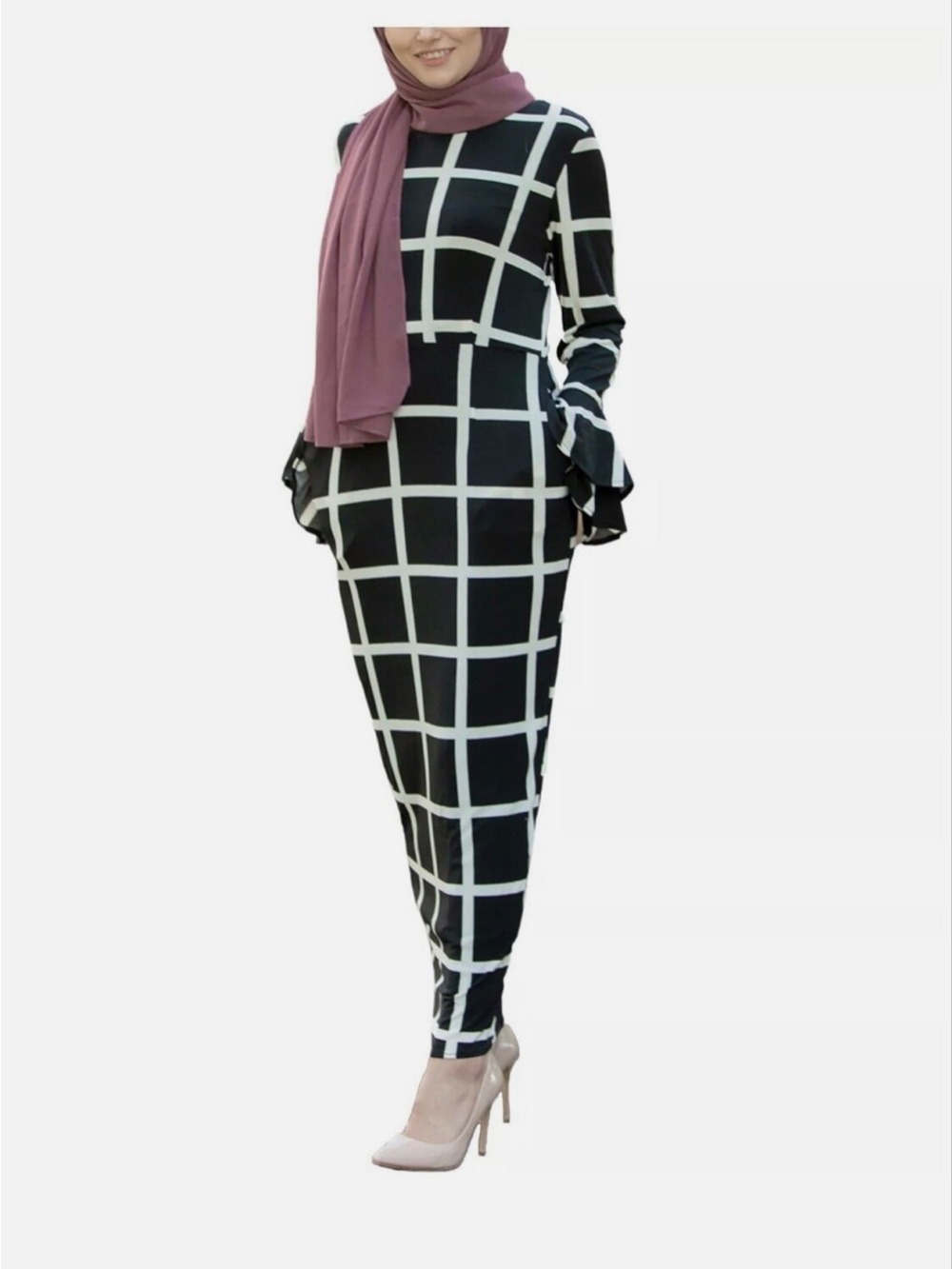 Black & White Long Sleeve Maxi Dress with Tie Waist